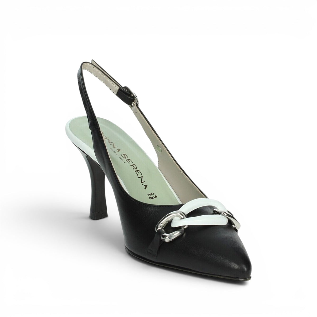 ShoeShop Donna Serena black leather slingback heels with a white chain detail and pointed toe