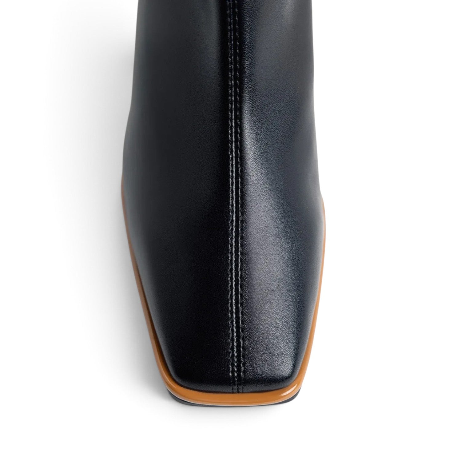 ShoeShop black leather ankle boot with a square toe and a contrasting tan sole, top-down view.