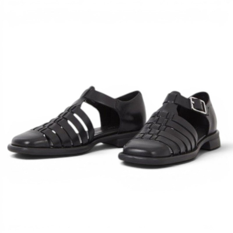 ShoeShop black leather woven gladiator sandals with buckle detail