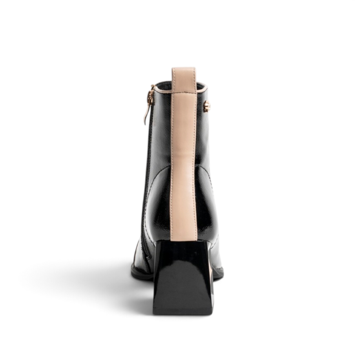 ShoeShop Rockaway black synthetic ankle boots with beige back panel and 6.5cm block heel, rear view