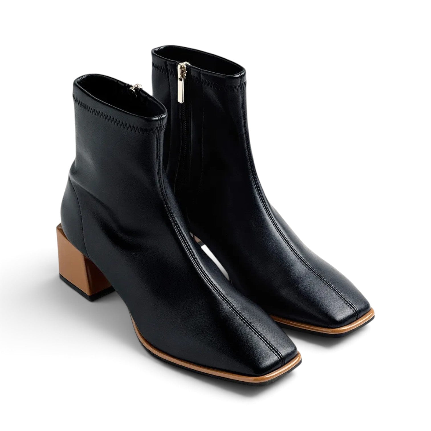 ShoeShop black ankle boots with a square toe, side zipper, and a contrasting metallic block heel.