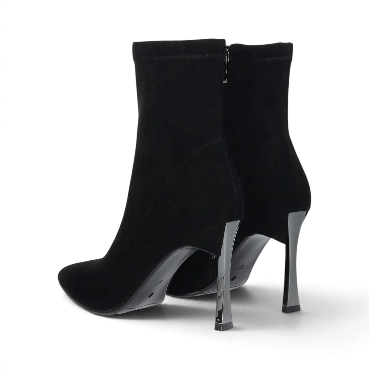 ShoeShop black synthetic ankle boots with a 9.5cm metallic stiletto heel and back zipper closure