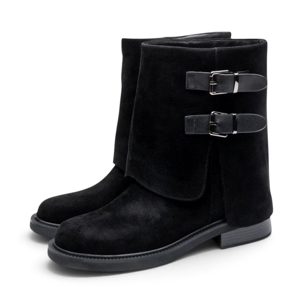 ShoeShop Uncle Paul Sandra black suede ankle boots with two decorative metal buckles and a low rubber sole.