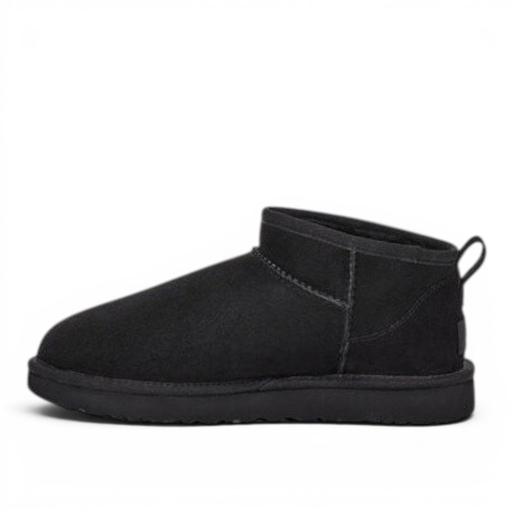 ShoeShop black suede Classic Ultra Mini boots with sheepskin lining and sugar cane EVA sole.