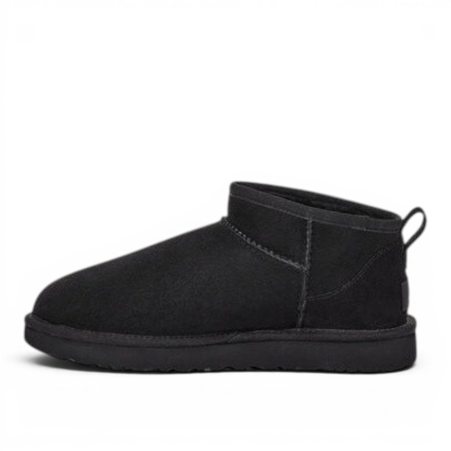 ShoeShop black suede Classic Ultra Mini boots with sheepskin lining and sugar cane EVA sole.