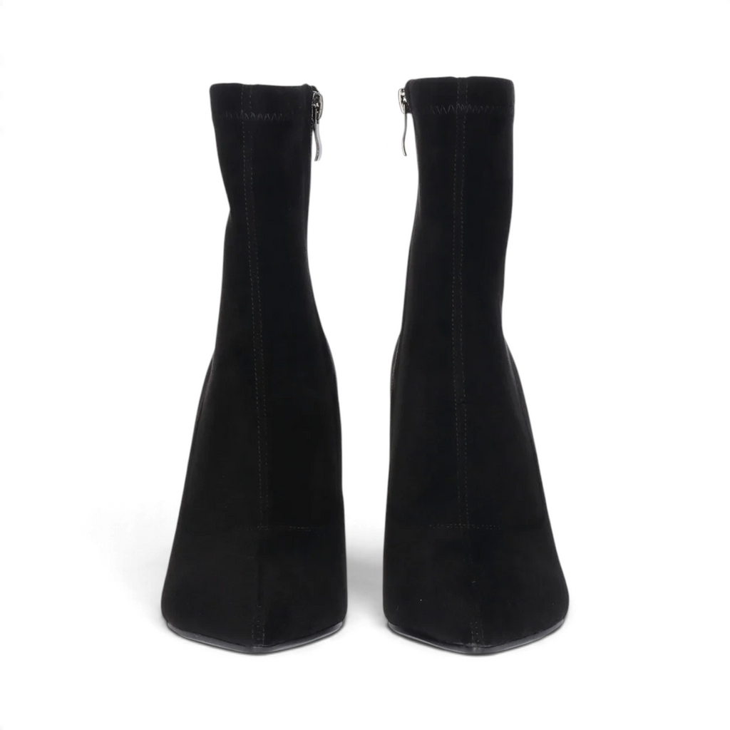 ShoeShop black synthetic sock boots with a pointed toe and 9.5cm high heel, front view