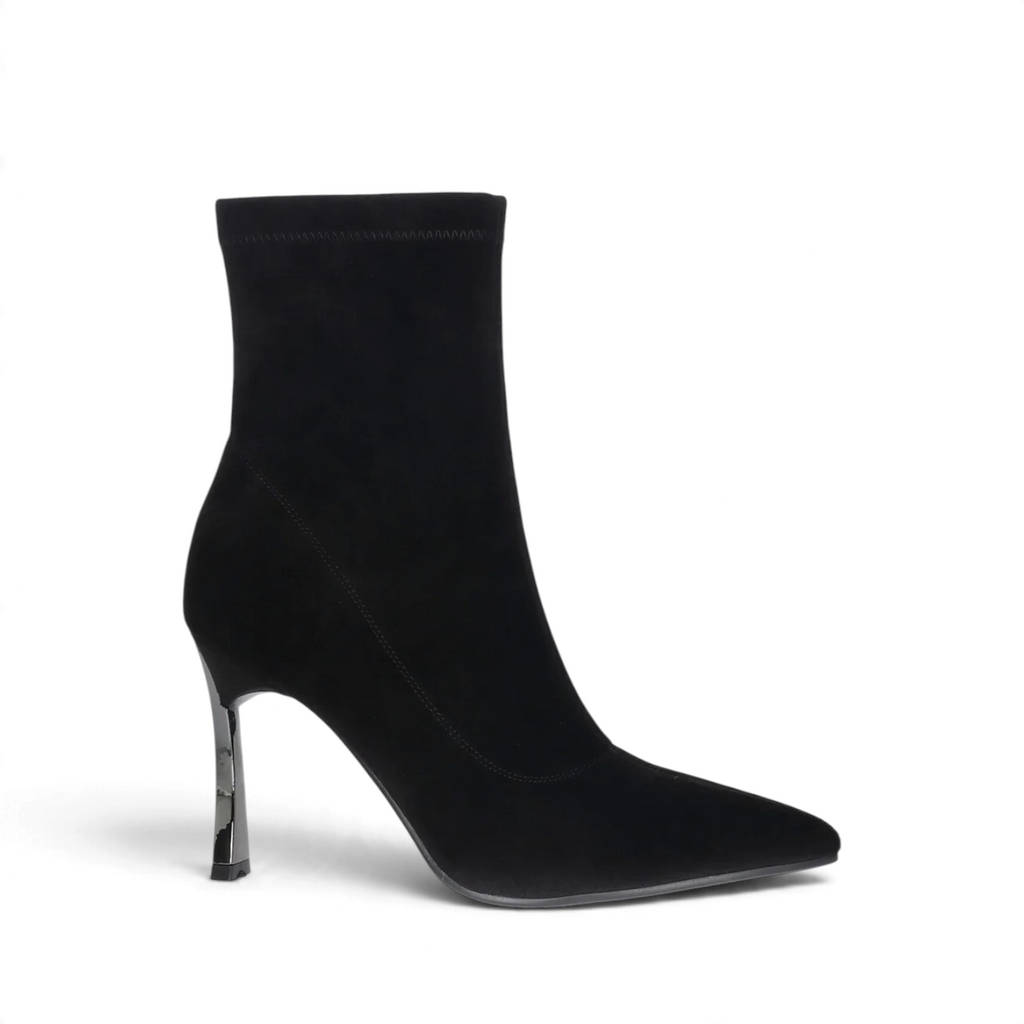 ShoeShop black synthetic suede ankle boots with a pointed toe and a 9.5cm metallic stiletto heel