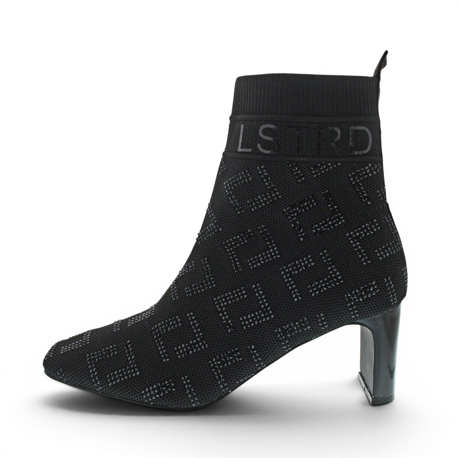 ShoeShop black textile ankle boots with a geometric pattern and 6cm block heel.