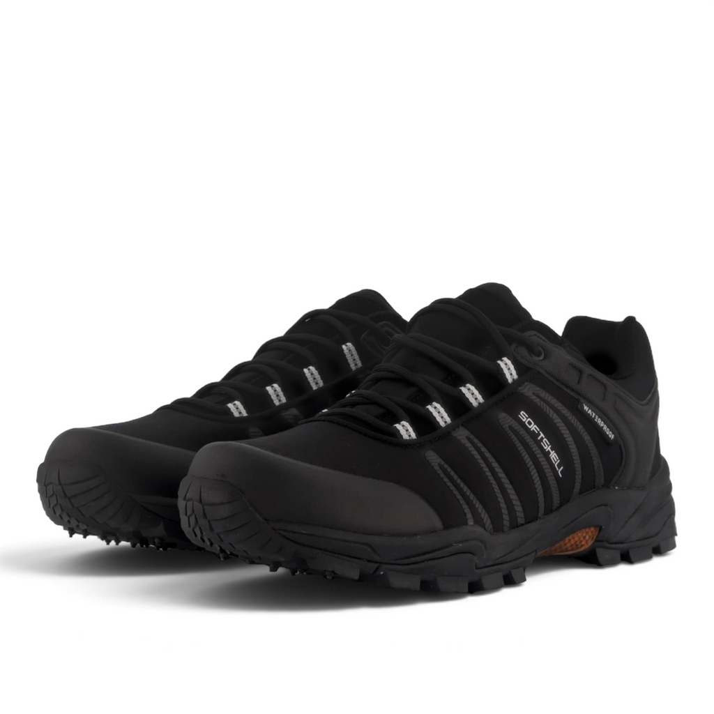 ShoeShop black waterproof softshell hiking sneakers with durable lugged soles and lace-up closure