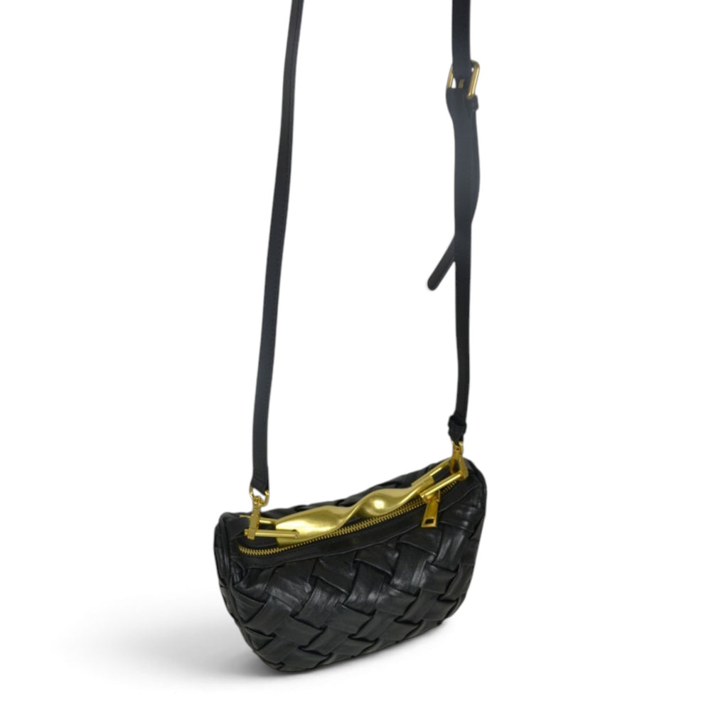 ShoeShop black woven leather crossbody bag with gold zipper hardware and adjustable shoulder strap
