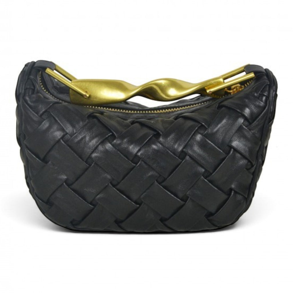 ShoeShop black woven leather handbag with a unique twisted gold-tone metal handle and zip closure.