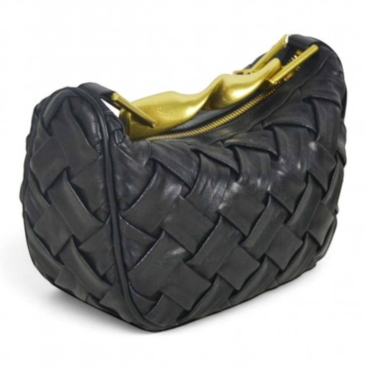 ShoeShop black woven leather handbag with a unique gold-toned sculptural metal handle