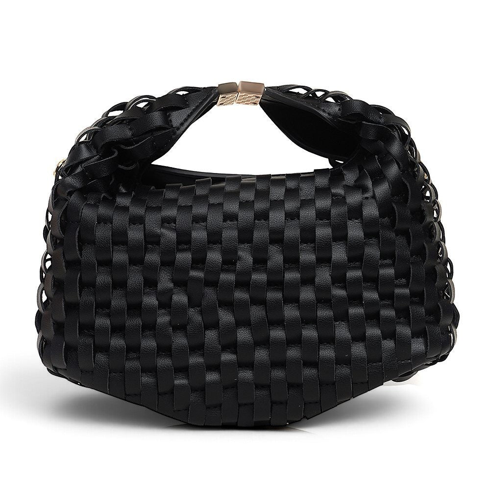 ShoeShop black woven leather handbag with a magnetic closure and detachable shoulder strap