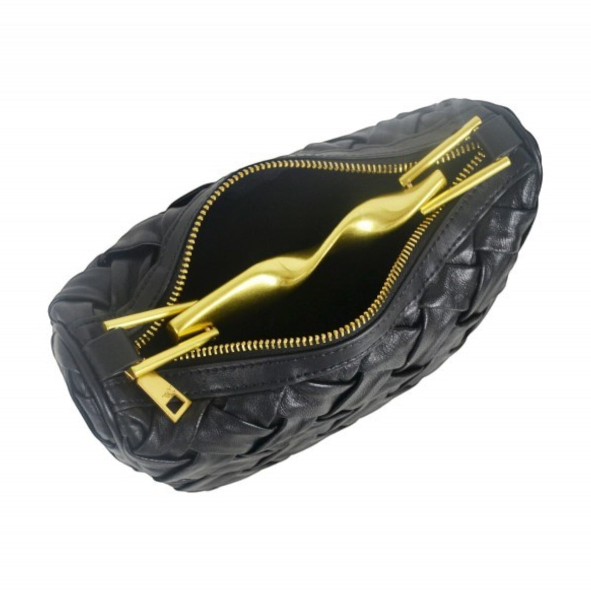 ShoeShop black woven leather handbag with a gold-toned zipper closure and unique sculptural gold handle