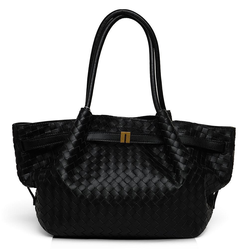 ShoeShop black woven leather handbag with gold magnetic clasp and detachable shoulder strap