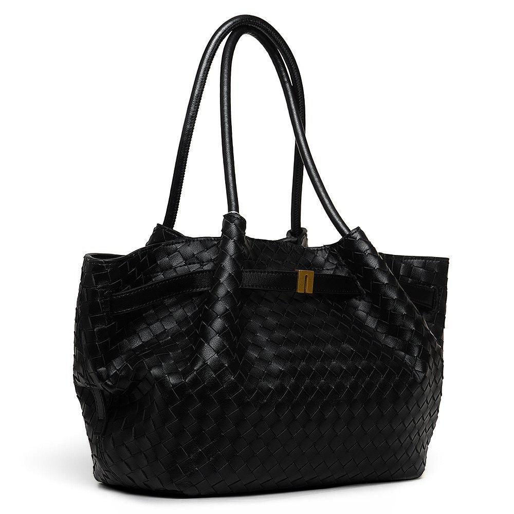 ShoeShop black woven leather handbag with double handles, magnetic closure, and detachable shoulder strap.