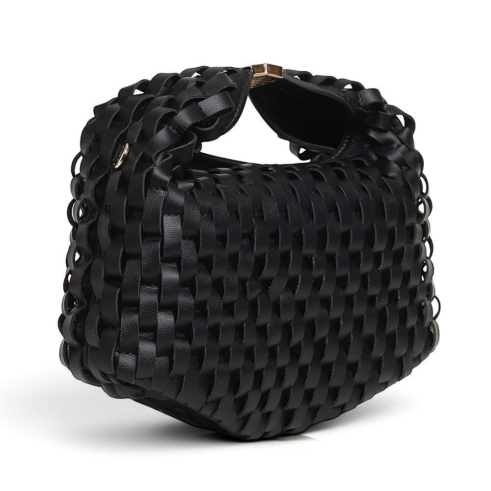 ShoeShop black woven leather handbag with a magnetic closure and detachable shoulder strap.