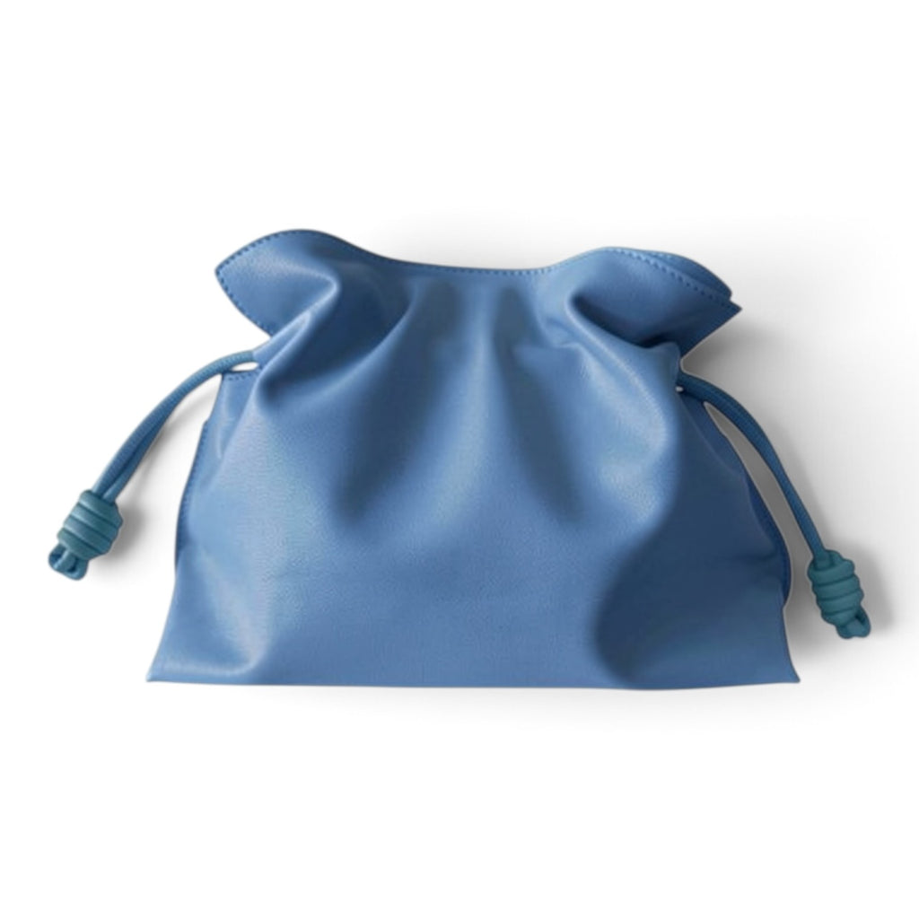ShoeShop blue leather pouch bag with a drawstring closure and soft, gathered design.