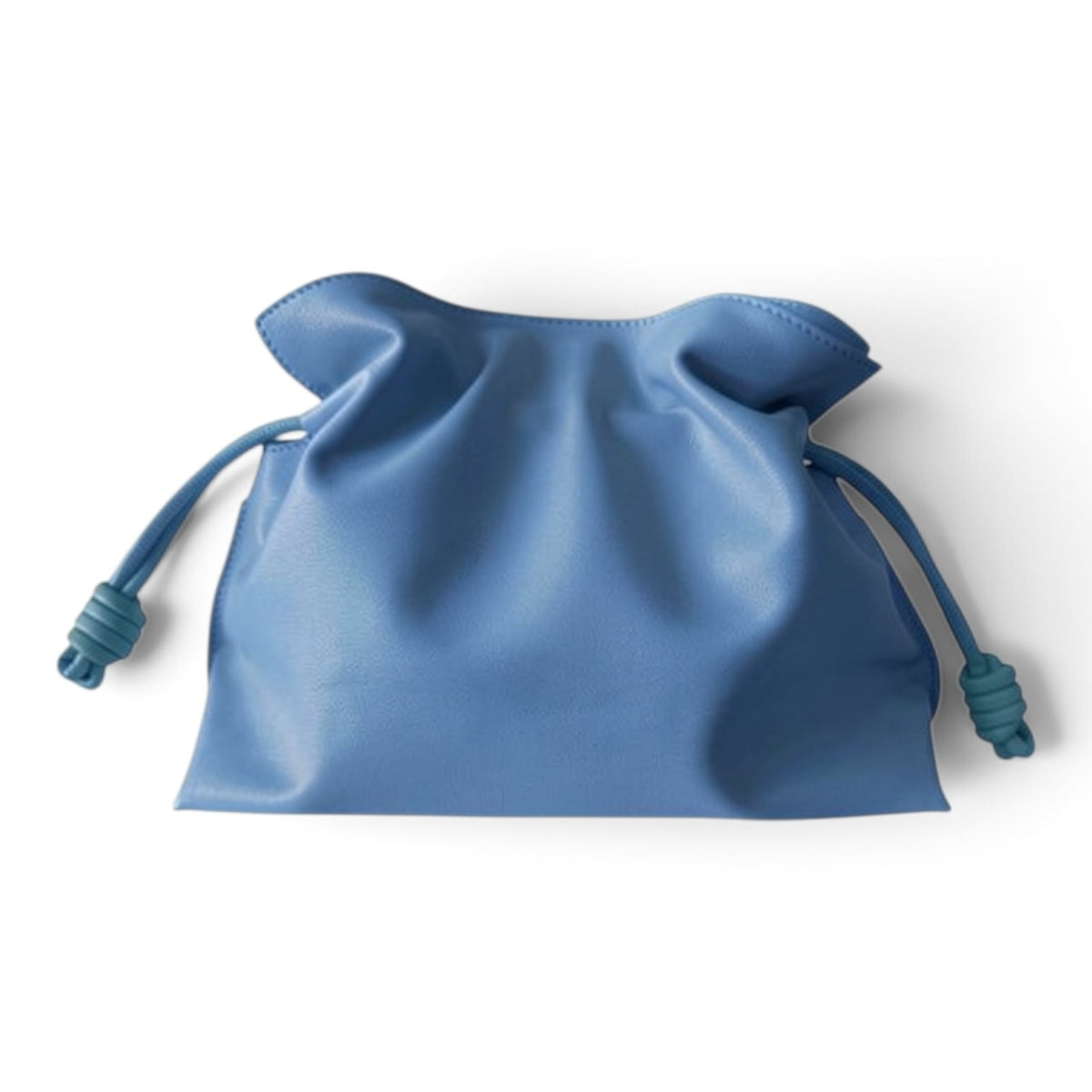 ShoeShop blue leather pouch bag with a drawstring closure and soft, gathered design.