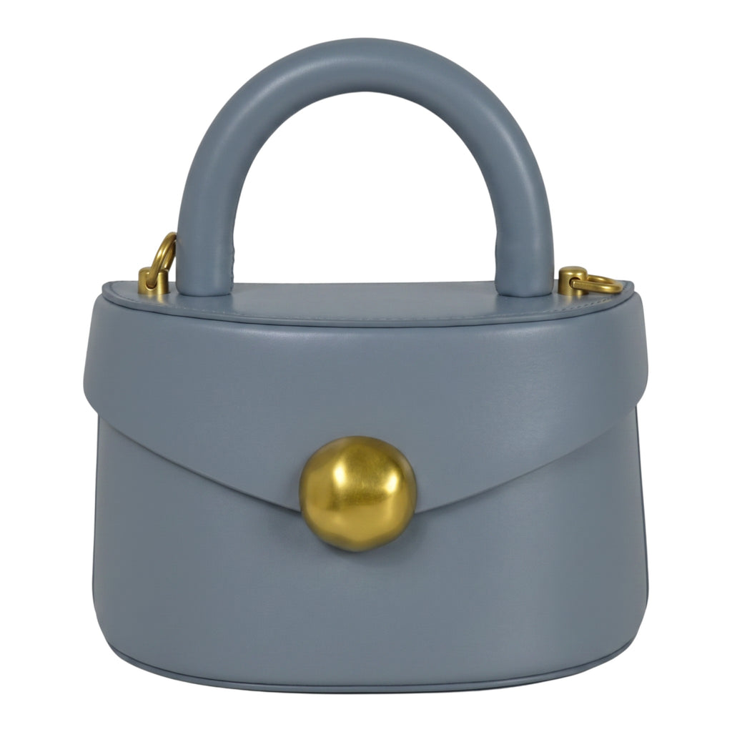 ShoeShop blue leather handbag with a top handle, gold magnetic button closure, and detachable shoulder strap.