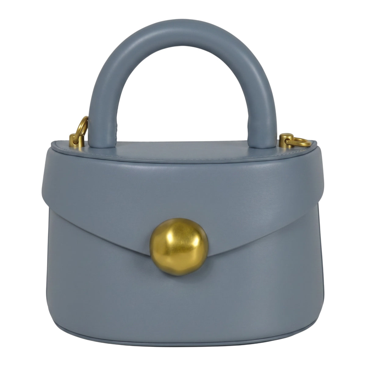 ShoeShop blue leather handbag with a top handle, gold magnetic button closure, and detachable shoulder strap.