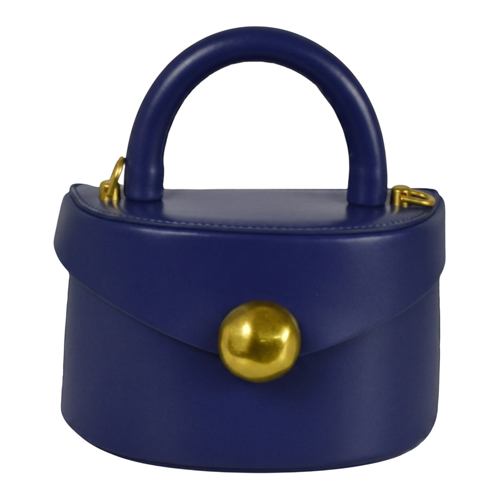 ShoeShop blue leather handbag with a structured top handle, gold magnetic button closure, and detachable strap.