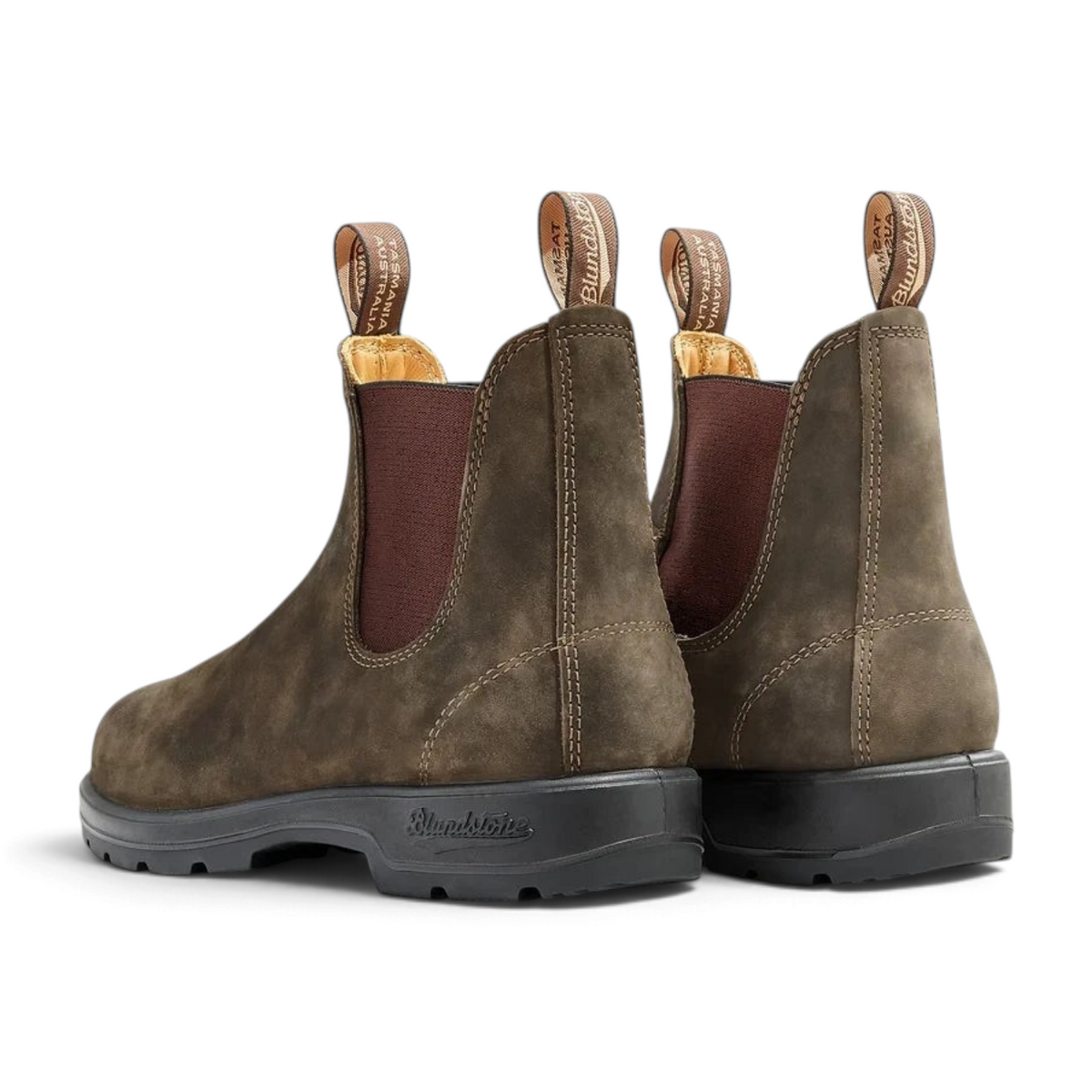 ShoeShop Blundstone 585 rustic brown leather Chelsea boots with elastic side panels and durable TPU soles, back view.