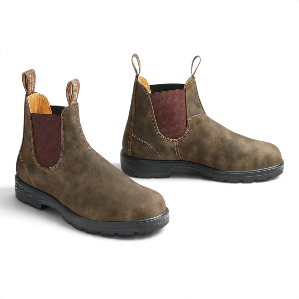ShoeShop Blundstone 585 rustic brown leather Chelsea boots with elastic side panels and durable TPU soles.
