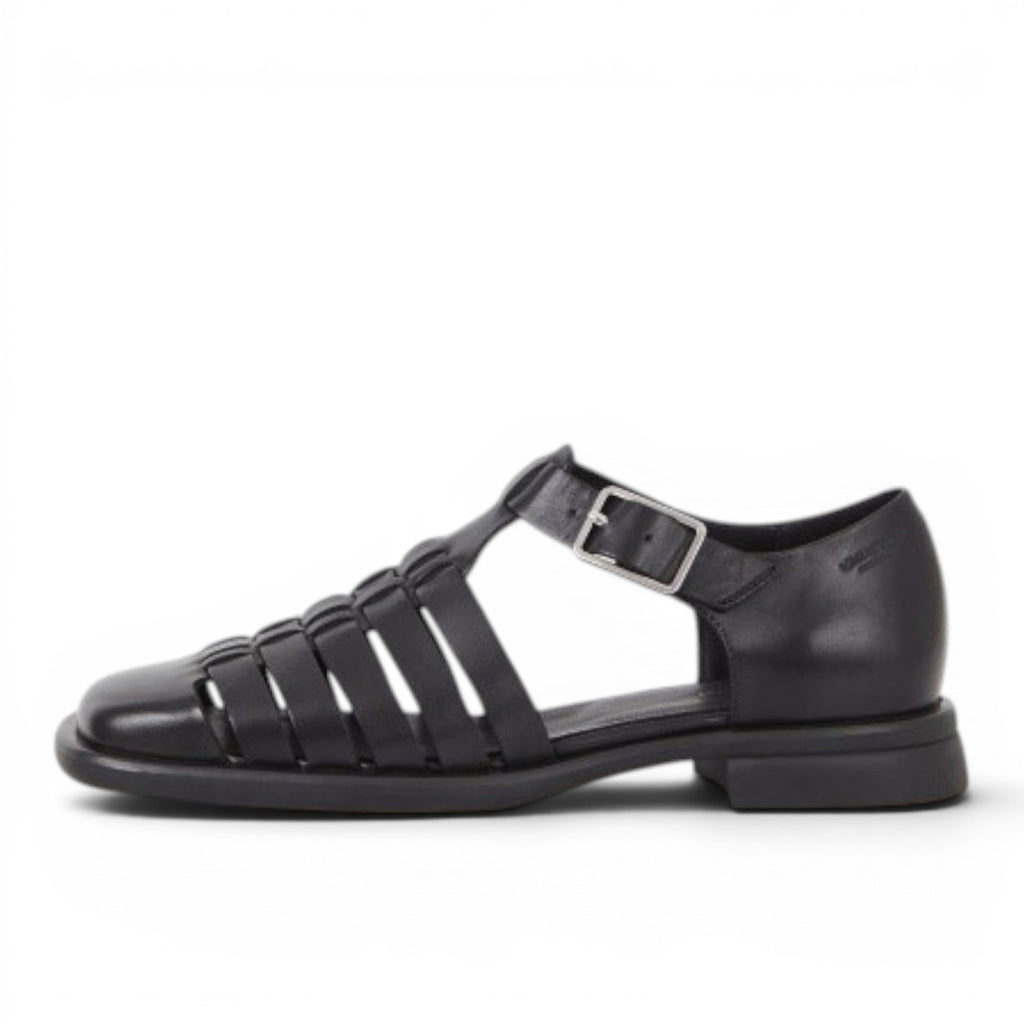 ShoeShop Brittie black leather fisherman sandals with buckle strap and woven detail.
