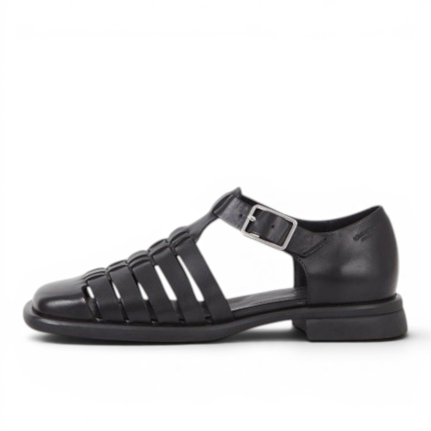 ShoeShop Brittie black leather fisherman sandals with buckle strap and woven detail.