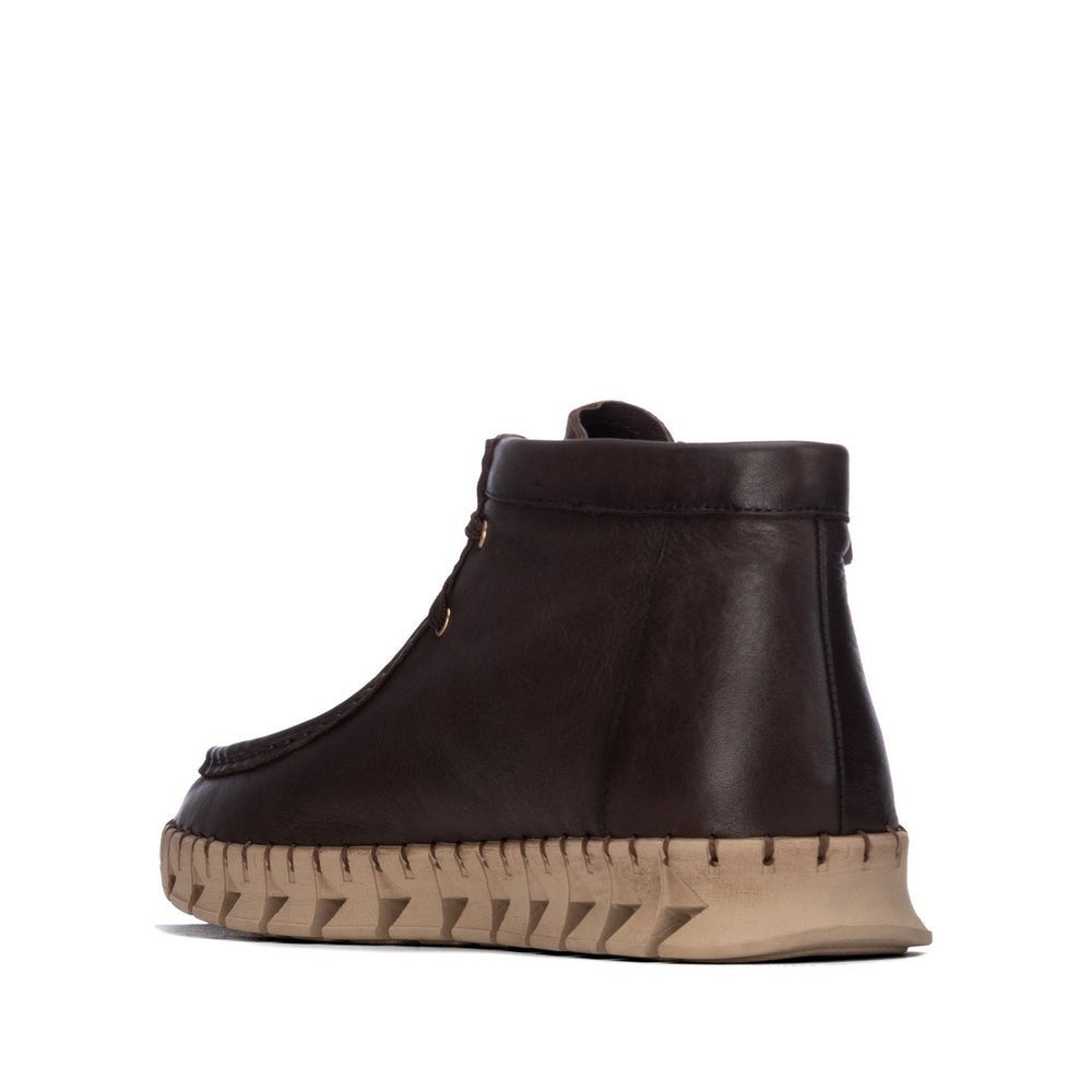 ShoeShop dark brown leather ankle boots with a thick beige serrated rubber sole, side view