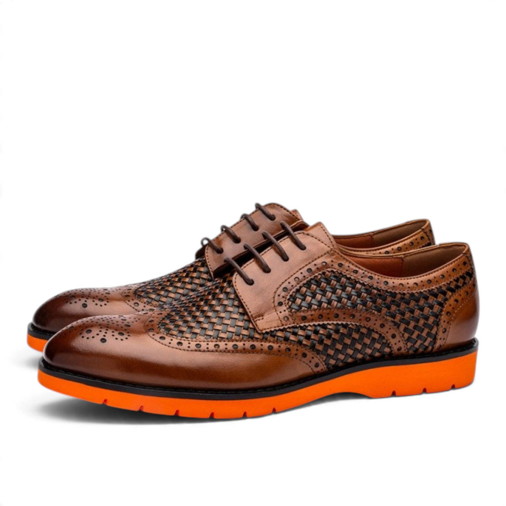 ShoeShop Uncle Paul PEEP brown leather brogues with woven details and a vibrant orange rubber sole