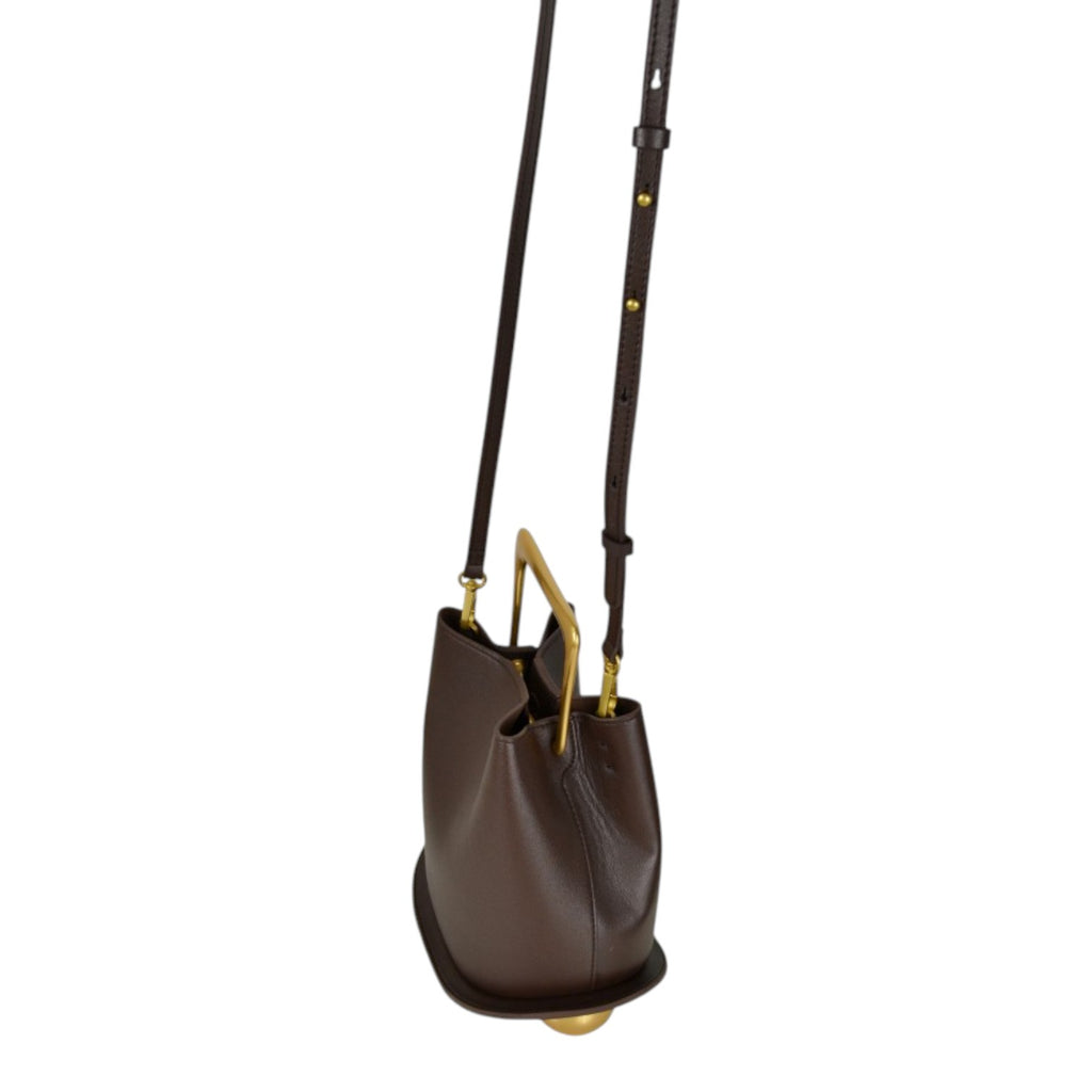 ShoeShop dark brown leather bucket bag with gold metal handle and adjustable shoulder strap