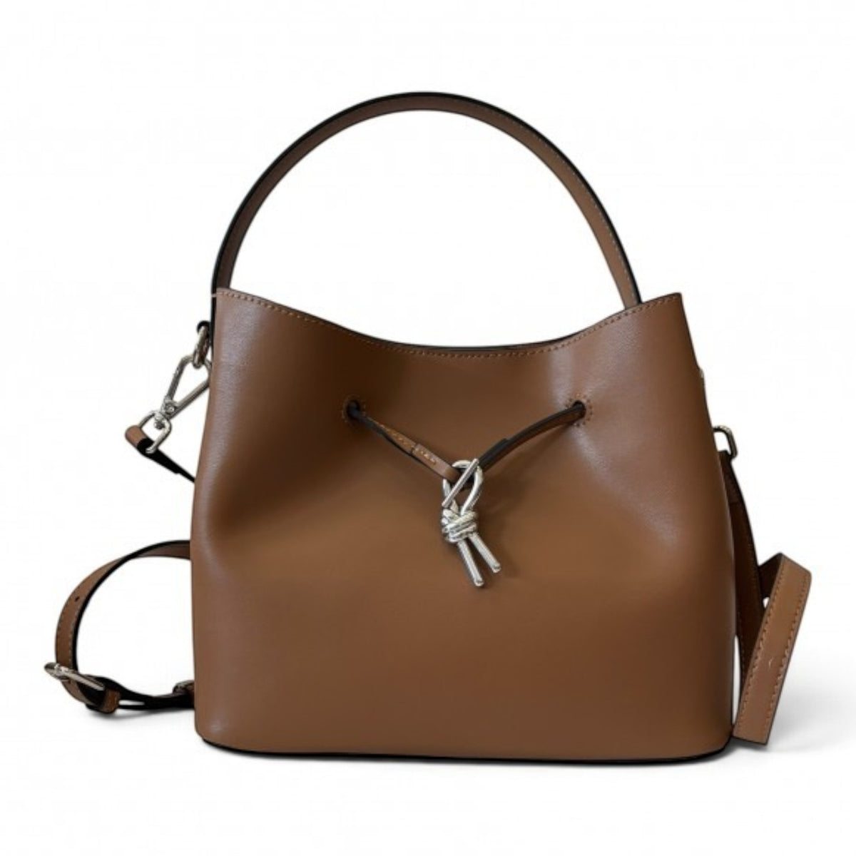 ShoeShop brown leather bucket bag with a knot detail, magnetic closure, and detachable shoulder strap.