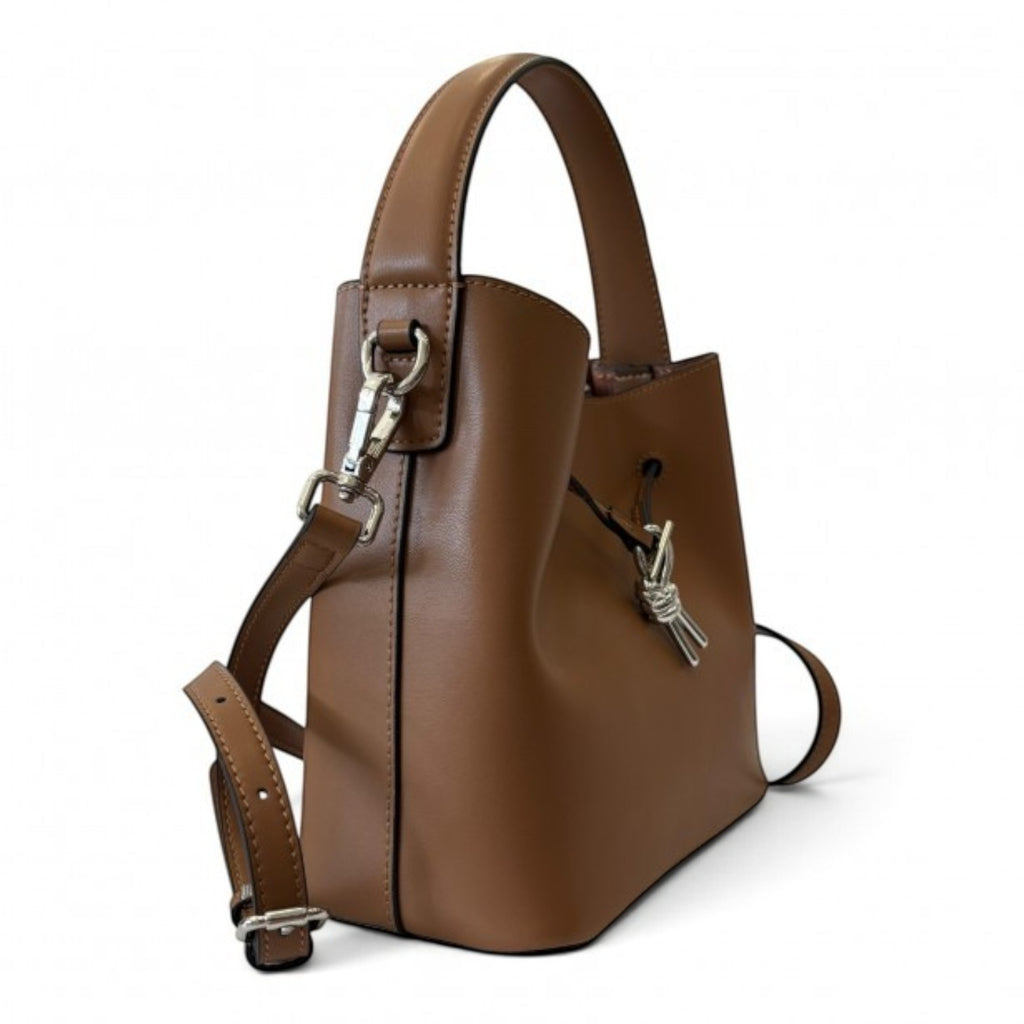 ShoeShop brown leather bucket bag with a knot detail, top handle, and detachable shoulder strap.