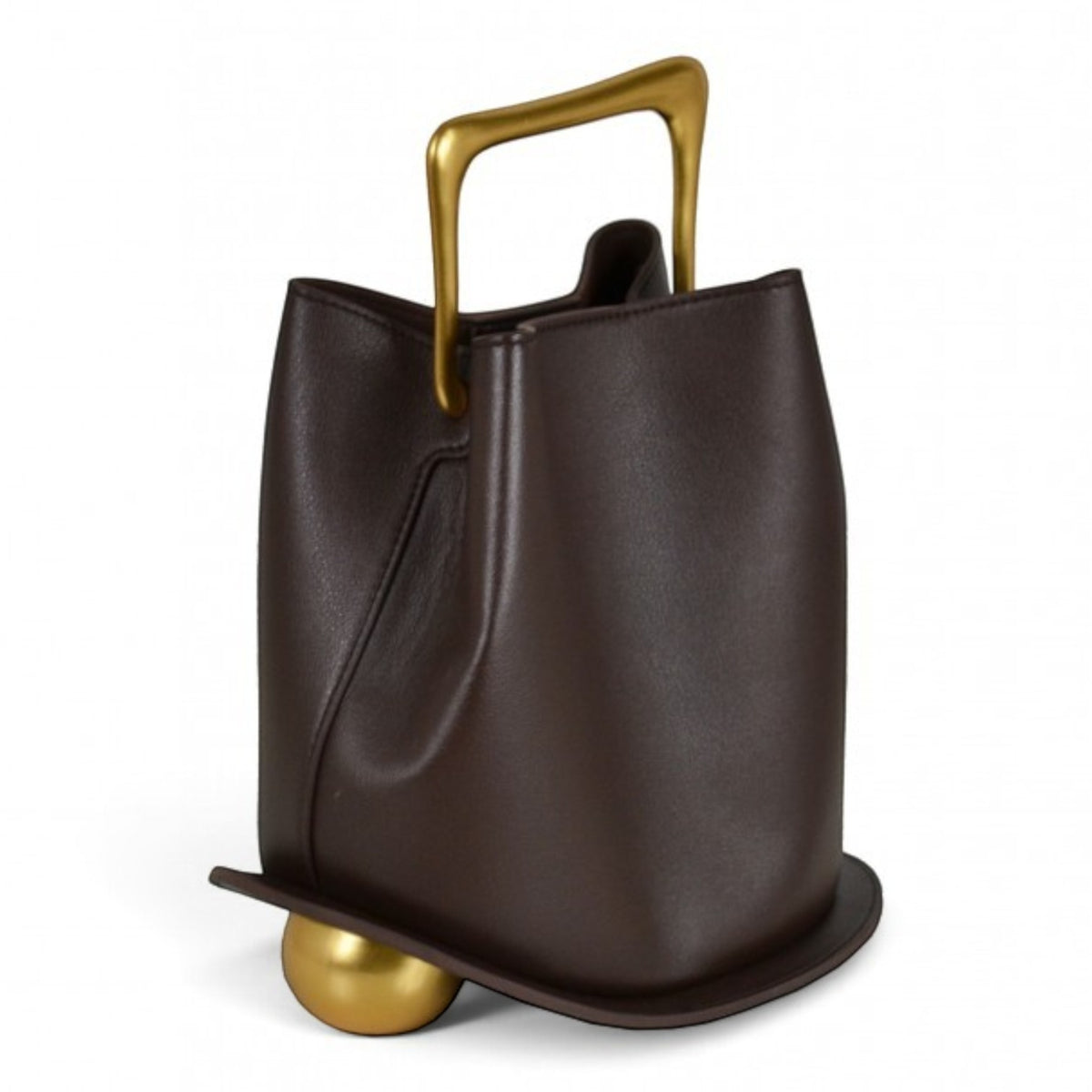 ShoeShop dark brown structured leather bucket bag with a unique gold metal handle and spherical gold base detail
