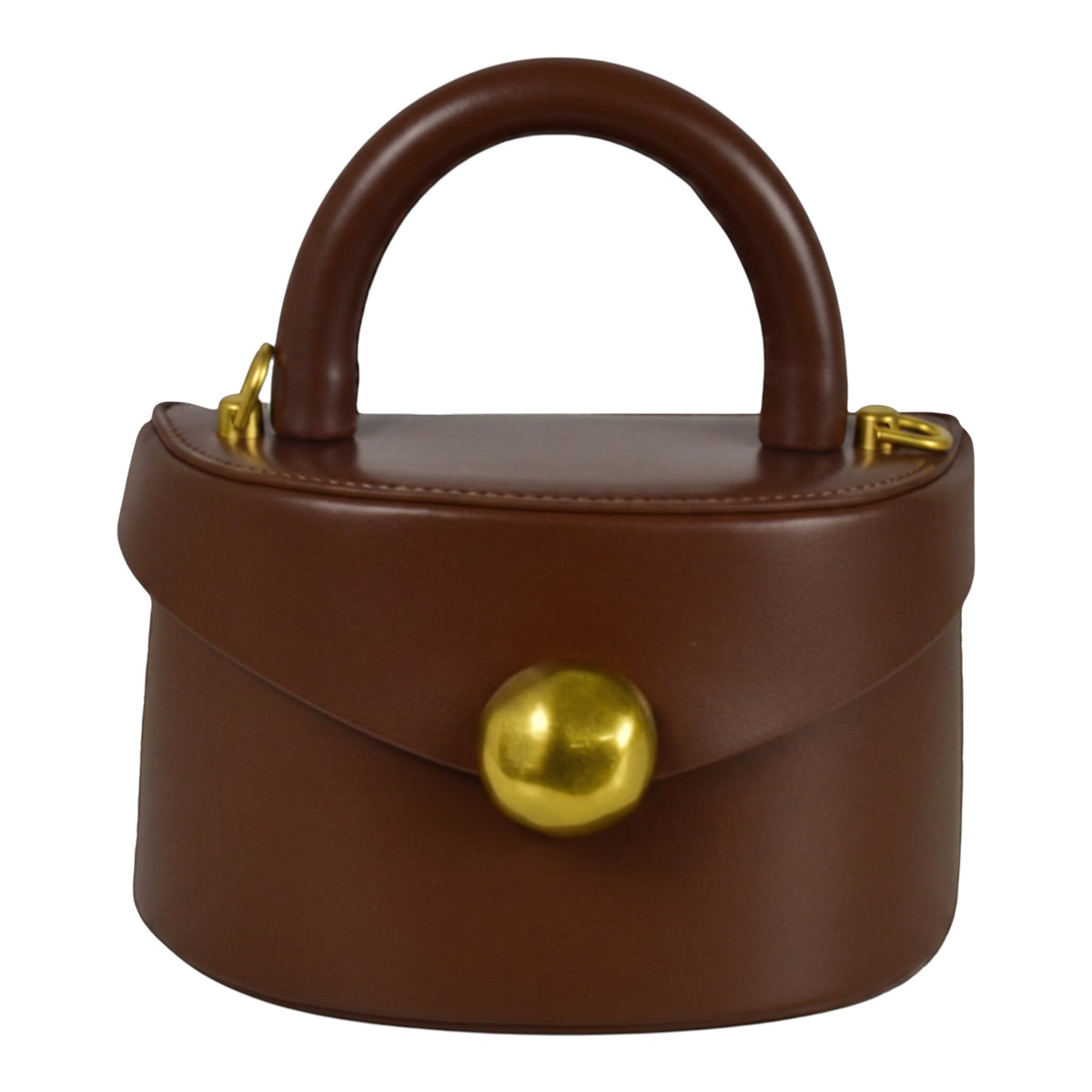 ShoeShop brown leather handbag with a structured top handle, gold magnetic button closure, and detachable strap.