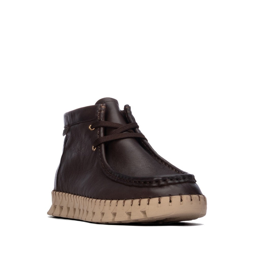 ShoeShop dark brown leather moccasin boots with a thick beige textured rubber sole and lace-up front