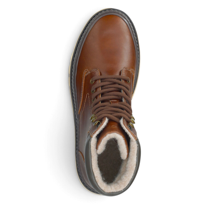 ShoeShop brown leather lace-up winter boot with a warm faux-fur lining and a durable rubber sole, top-down view.