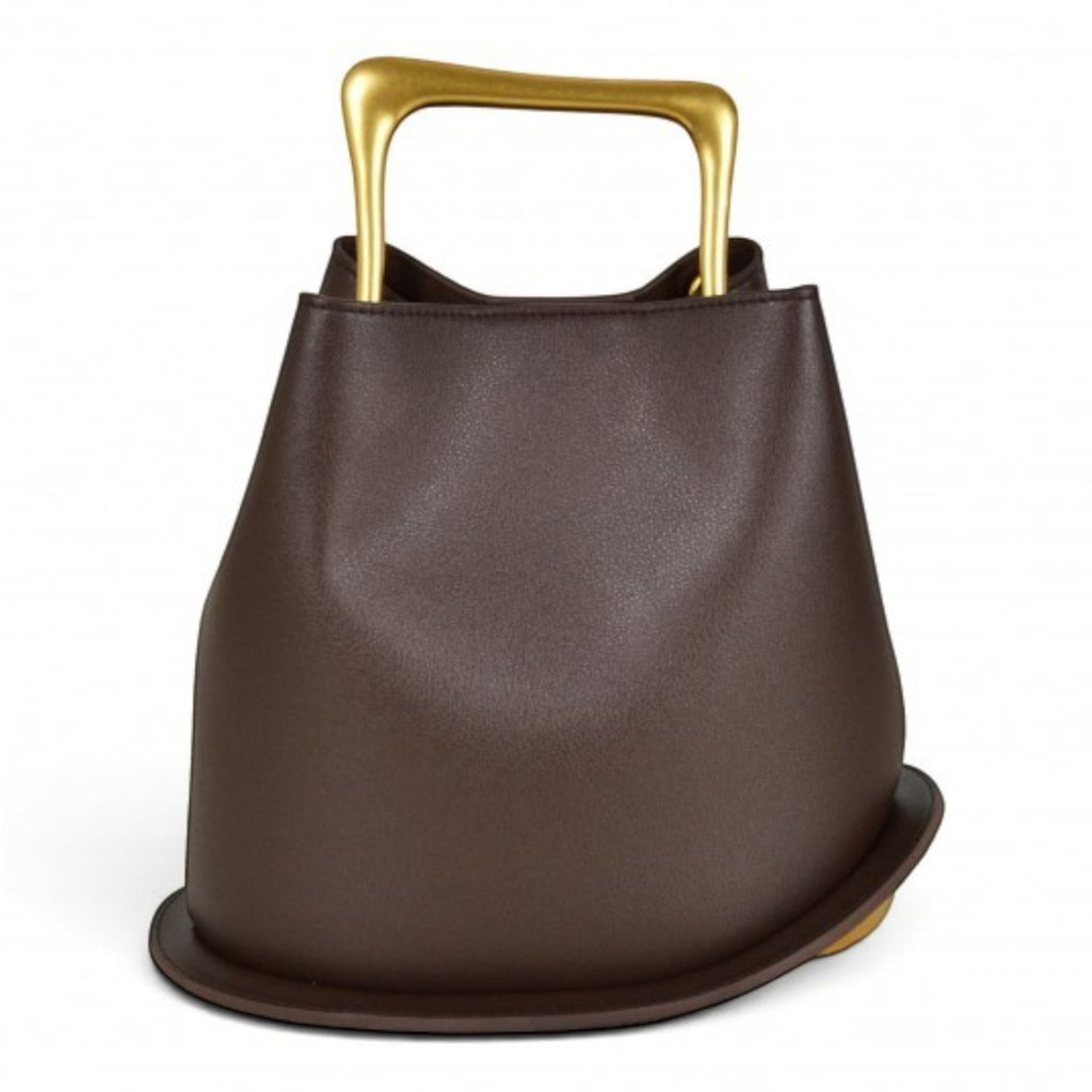 ShoeShop dark brown structured handbag with a unique gold-toned metal handle on a white background