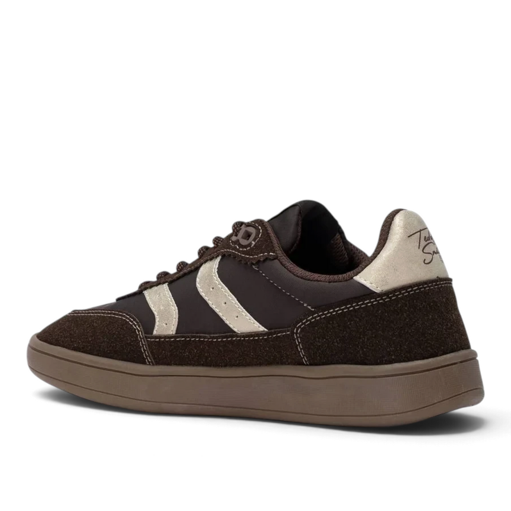 ShoeShop brown suede and leather sneakers with metallic gold side stripes and a flat rubber sole