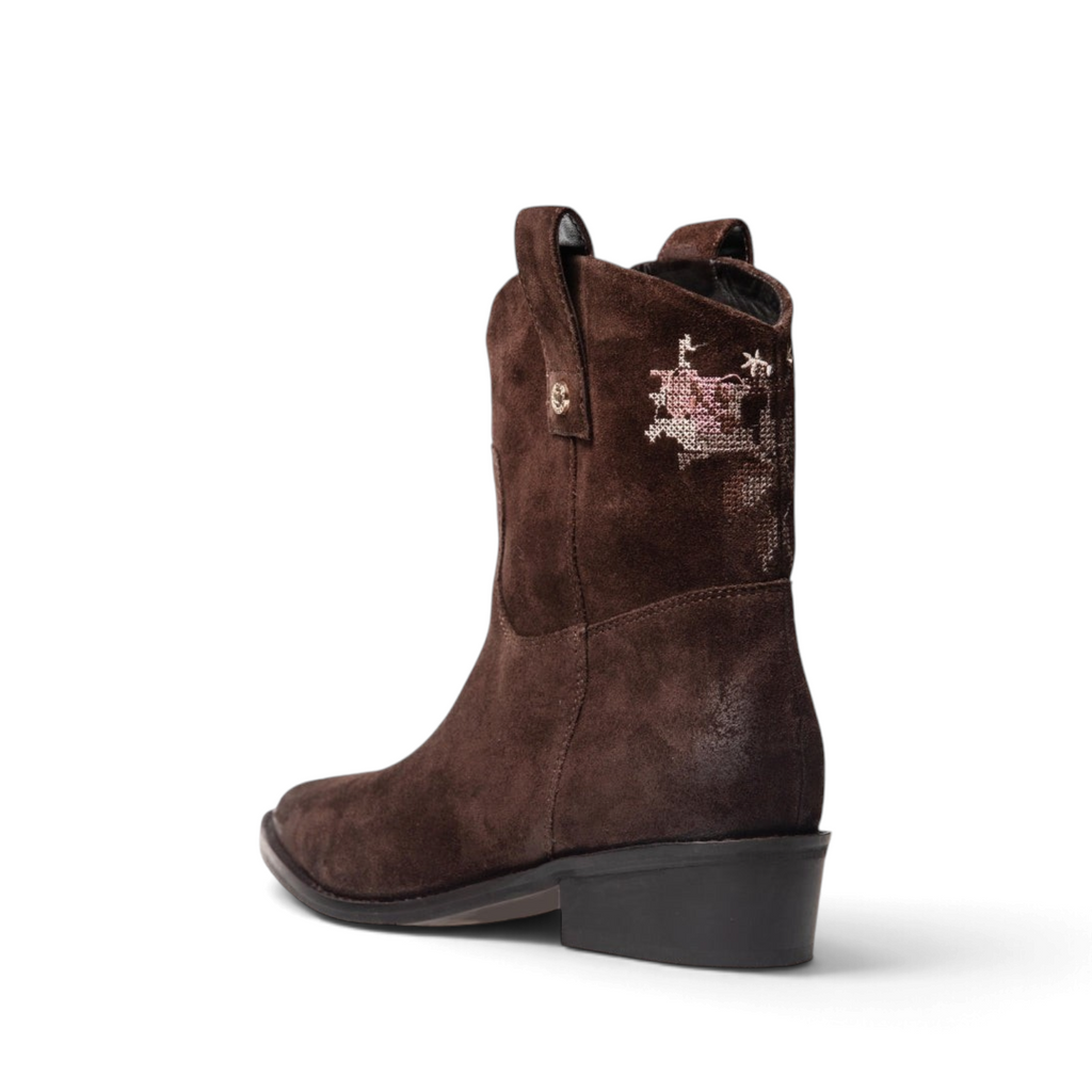 ShoeShop brown suede western-style ankle boots with decorative embroidery on the heel, back view