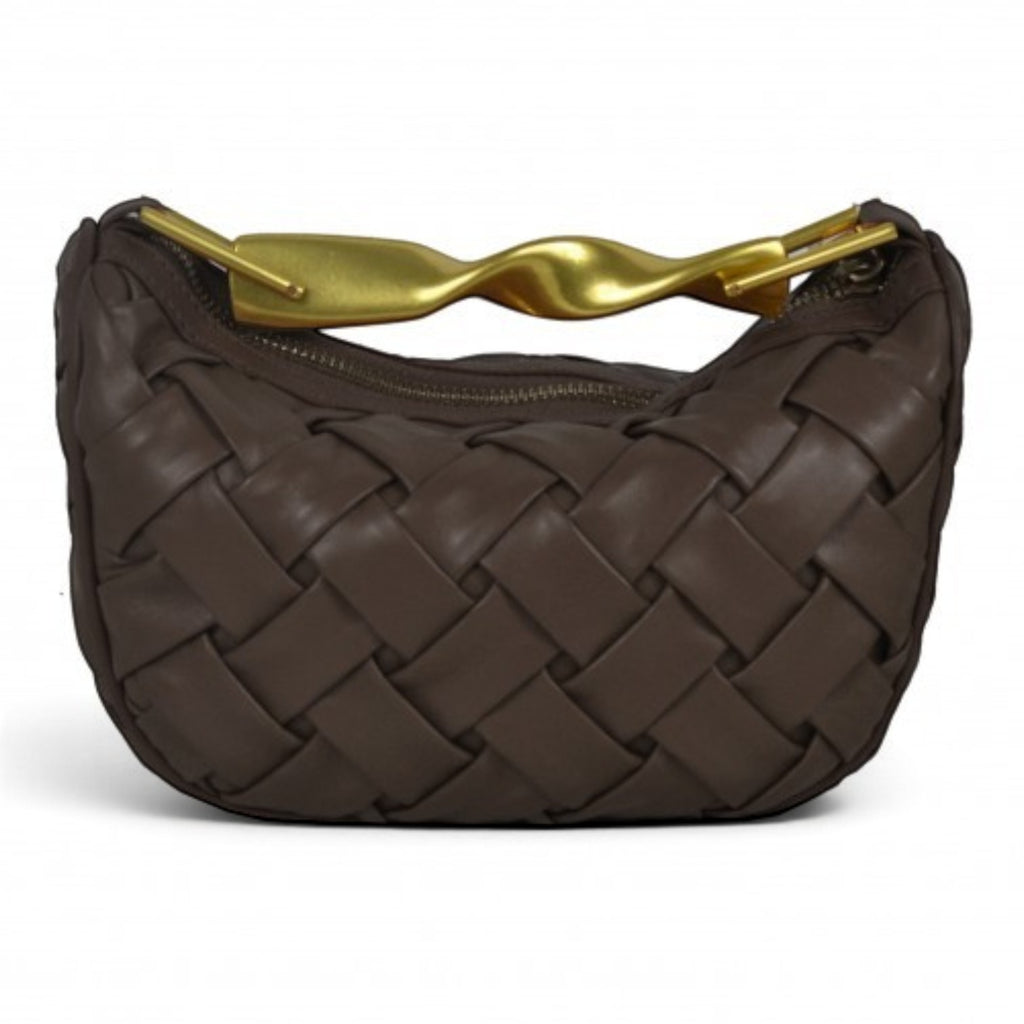 ShoeShop dark brown woven leather hobo bag with a unique twisted gold metal handle