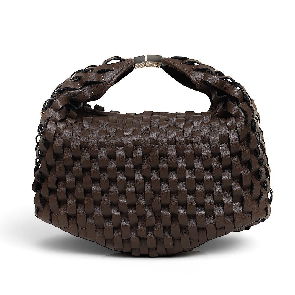 ShoeShop brown woven leather handbag with a magnetic closure and detachable shoulder strap