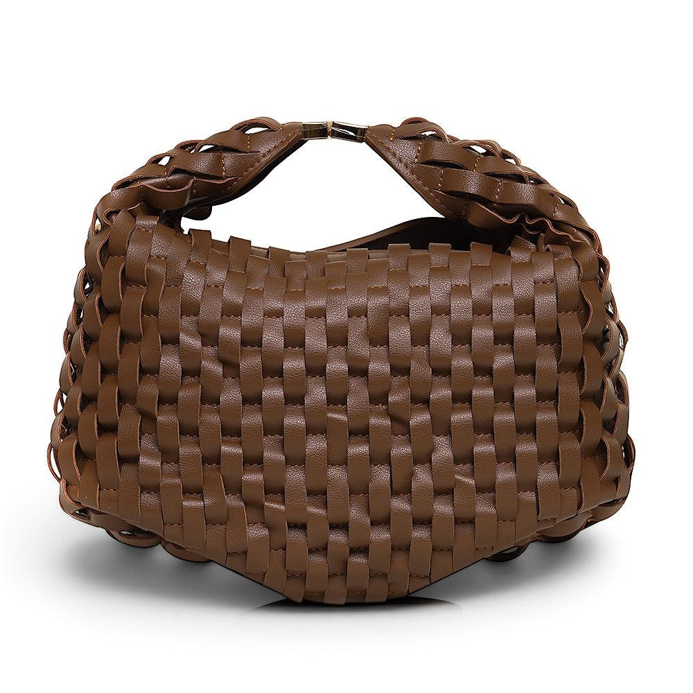 ShoeShop brown woven leather handbag with a magnetic button closure and detachable shoulder strap