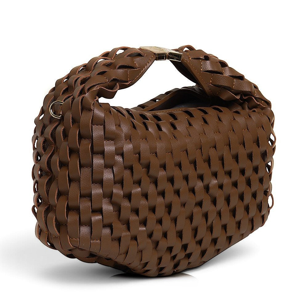 ShoeShop brown woven leather handbag with a magnetic closure and detachable shoulder strap.
