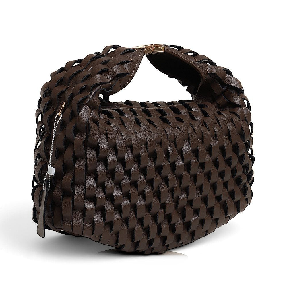 ShoeShop dark brown woven leather handbag with a magnetic closure and detachable shoulder strap.