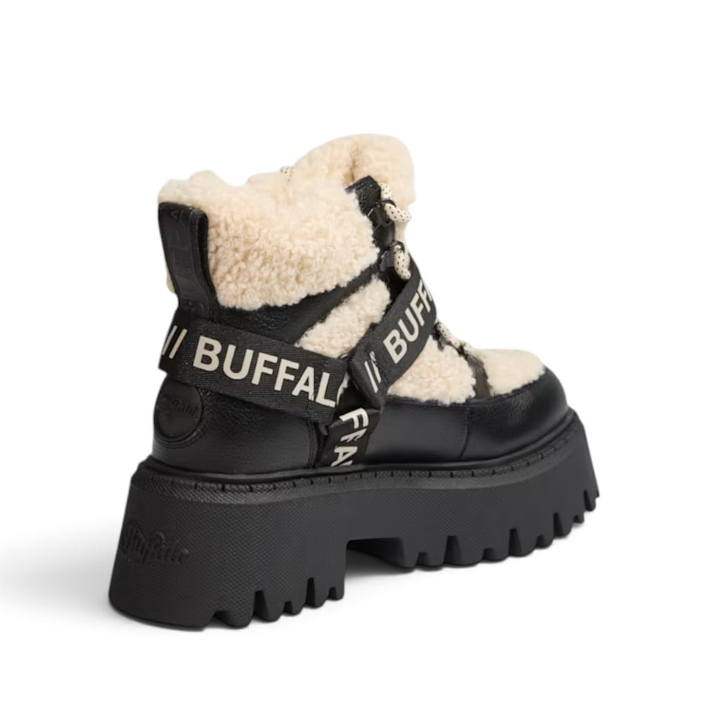 ShoeShop Buffalo Aspen COM MID black synthetic boots with white faux fur lining and branded strap detail