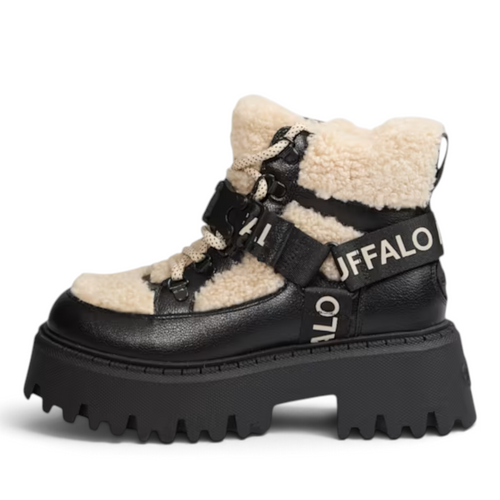 ShoeShop Buffalo Aspen COM MID warm winter boots in black synthetic leather with cream faux fur lining and lug sole
