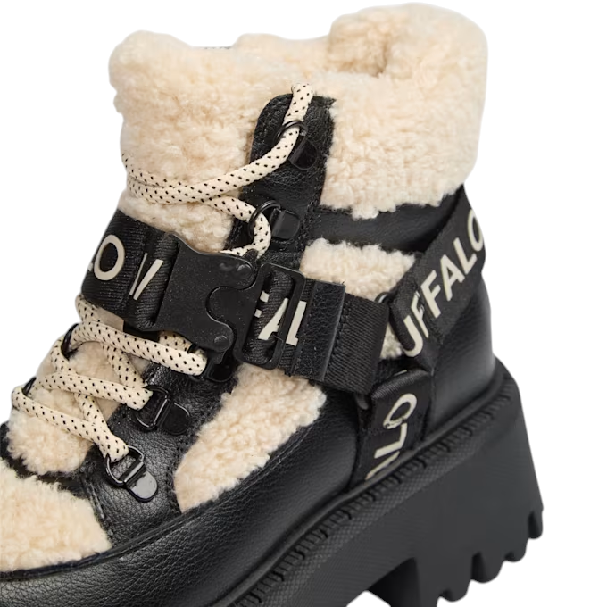 ShoeShop Buffalo Aspen COM MID warm winter boots in black synthetic leather with cream faux fur lining and buckle